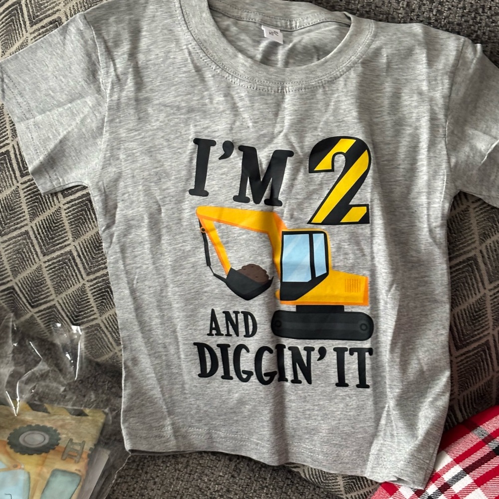 Gray Kids Short Sleeve Tee with Excavator Print